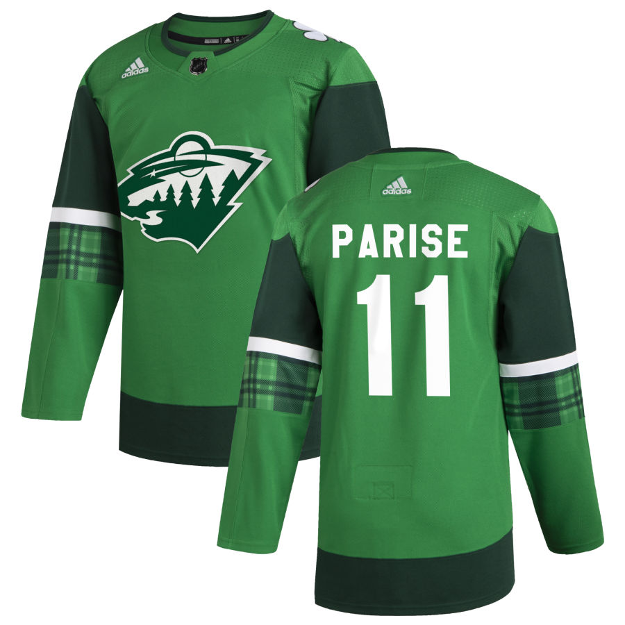 Cheap Minnesota Wild 11 Zach Parise Men Adidas 2020 St. Patrick Day Stitched NHL Jersey Green